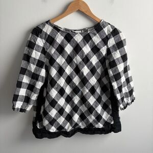 J Jill Love Linen Top Small Black White Buffalo Plaid 3/4 Sleeve Summer Blouse